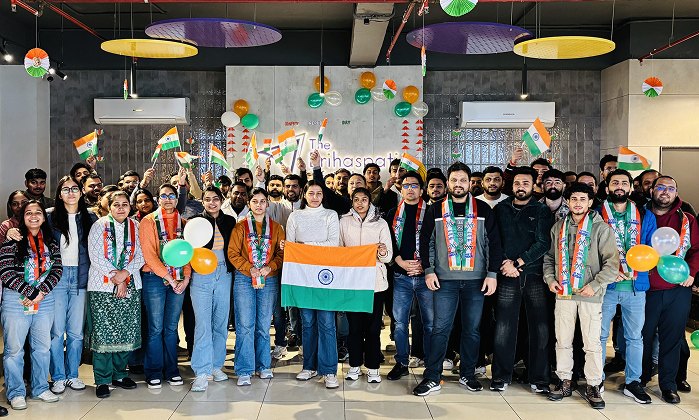 The team celebrating together at the office