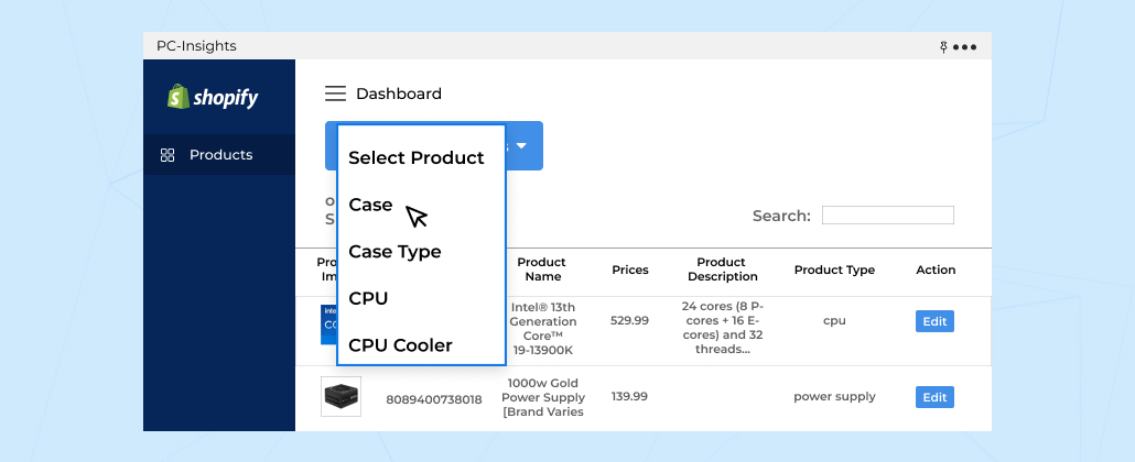 Dashboard select product