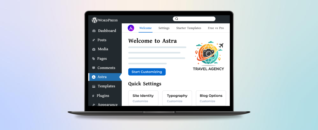 Astra Theme for travel vlogging website 