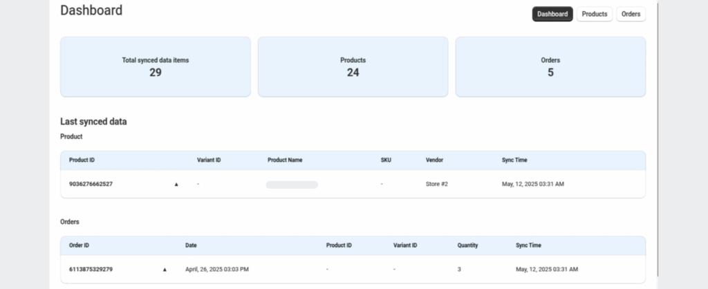 Dashboard of a Shopify Data Sync App